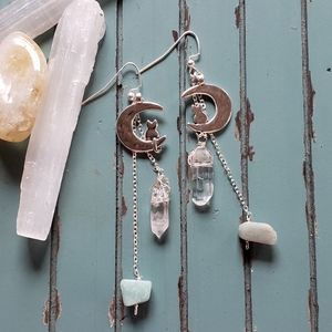 Handmade Celestial Cat on the Moon x Clear Quartz x Amazonite Tassel Earrings